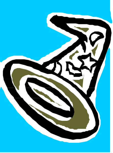 The image shows a black wizard's hat with white trim on top of what appears to be an object resembling a blue bell jar in front of it against a light grey background.