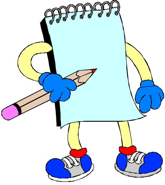 The cartoon depicts a blue pencil with an eraser on top of it held by a character who is holding up a blank piece of paper that has been drawn to resemble a clipboard.
