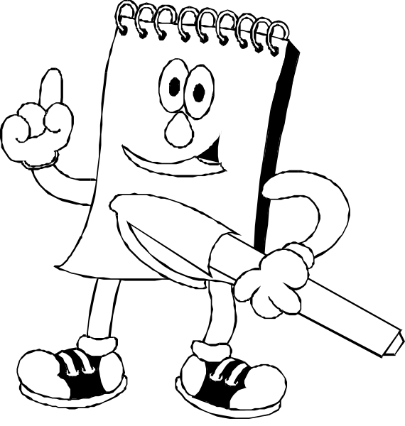 The images show a cartoon character that resembles an anthropomorphic notebook with arms holding two different items: on top is a pencil pointing upwards towards its head as if it's thinking; below, there appears to be some sort of tool or implement being held by the same hand.