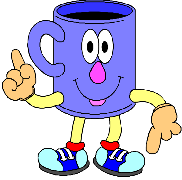 The image shows a cartoon of an anthropomorphic coffee mug character with arms outstretched as if gesturing to someone off-camera.