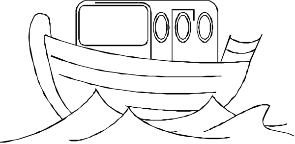 The black and white line drawing shows a boat with two lifebuoys on its sides floating down what appears to be water under an overcast sky.