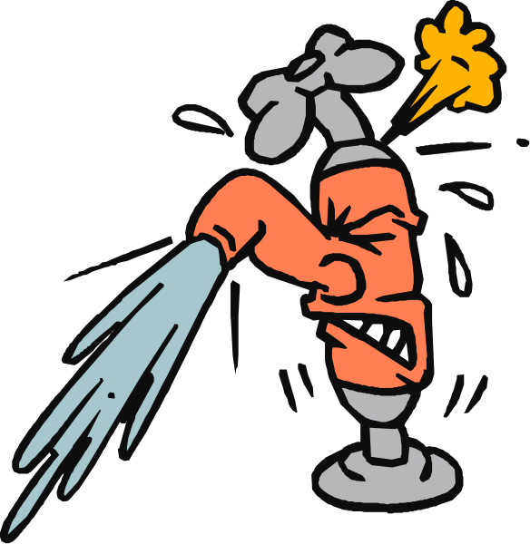 The images show a cartoon of an animated fire hydrant spraying water from its nozzle into two different scenes: one with a character looking surprised by the forceful stream; another showing it being used to extinguish flames on something that looks like a car or building, and in both cases there is steam coming off.