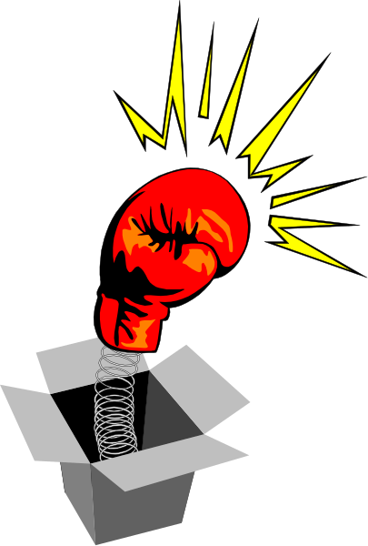 The image shows a cartoon of an electric light bulb with boxing gloves on it inside what appears to be a cardboard packaging material.