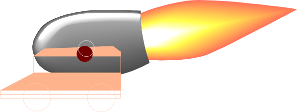 The image shows a toy rocket launching from an orange platform with two wheels on either side of it against a gray background.