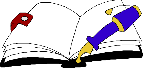The image shows an open book with a colorful illustration of three characters on its pages: two swords crossed over each other in front of it and one shield to the right side.