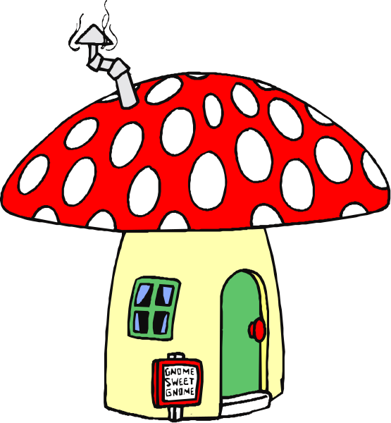 The cartoon depicts a whimsical scene with an oversized mushroom house featuring red polka dots on its exterior walls, topped by a small chimney from which smoke is emanating. A sign reading "BROWN SUGAR" hangs above the door of this charming abode. The sky in the background appears dark and cloudy, suggesting an overcast day or perhaps nighttime setting.