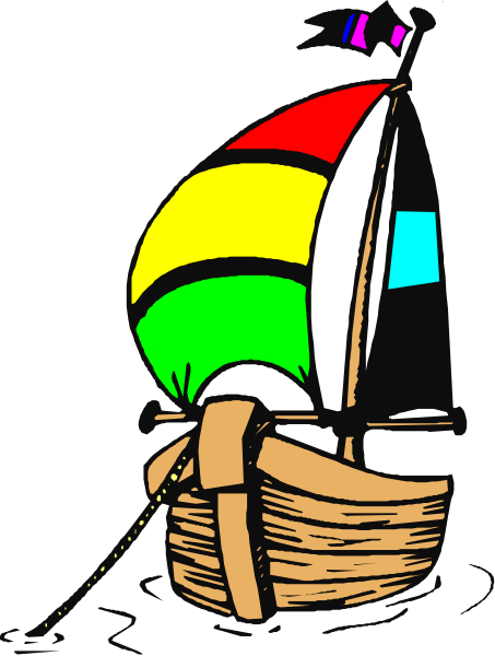 The image shows a colorful sailboat with rainbow sails on water under an overcast sky.