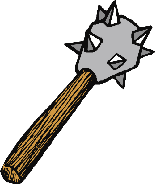 The image shows a cartoon depiction of an axe with spikes on its head resting against what appears to be a wooden surface in front of it.