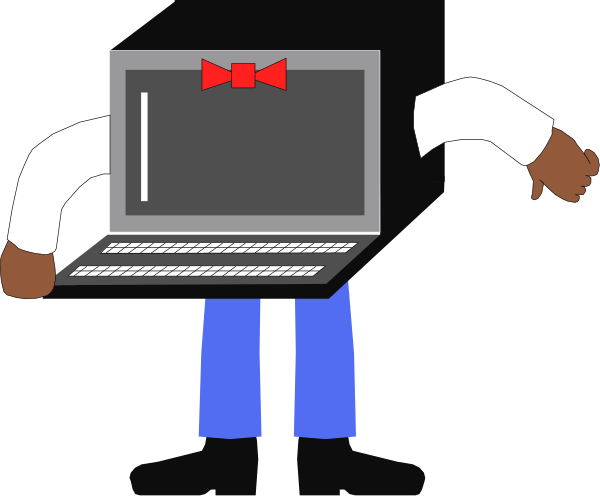 The image shows a cartoon of two figures: on top left corner there is an animated character with glasses holding up what appears to be a laptop screen; below this figure stands another animated person wearing blue jeans who seems to have their hands behind them, as if gesturing or presenting something related to the content displayed above.