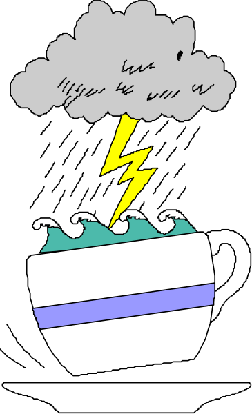 The image shows a cartoon of an umbrella with raindrops falling from it over a cup labeled "coffee" on top of which is depicted lightning bolts in blue sky background.