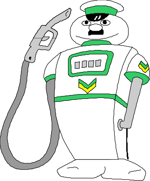 The cartoon depicts a gas station attendant holding an old-fashioned pump nozzle while standing next to his car with a license plate that reads "10".