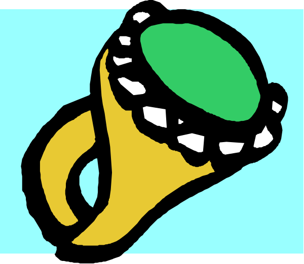 The image shows a cartoon ring with an emerald center inside of it on top of what appears to be a blue surface.