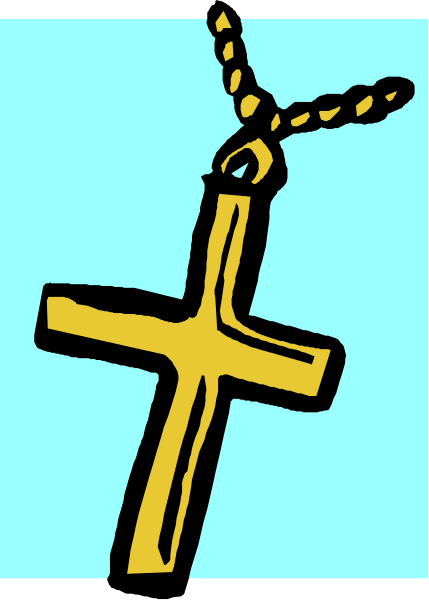 The image shows a cartoon cross with an anchor attached to it against a blue background.