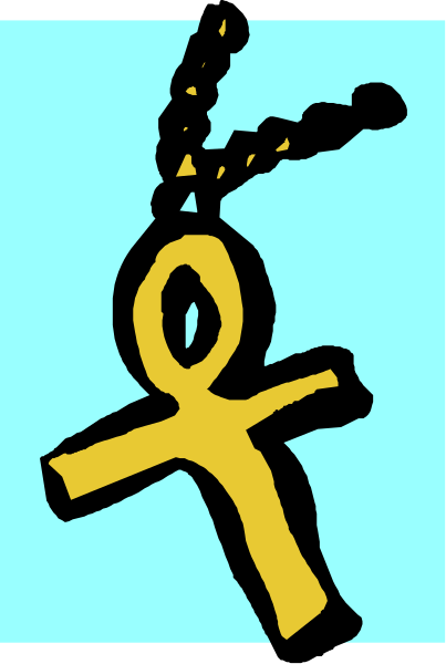 The image shows a cartoon depiction of an ancient Egyptian key with hieroglyphics on it hanging from what appears to be a chain necklace against a blue background.