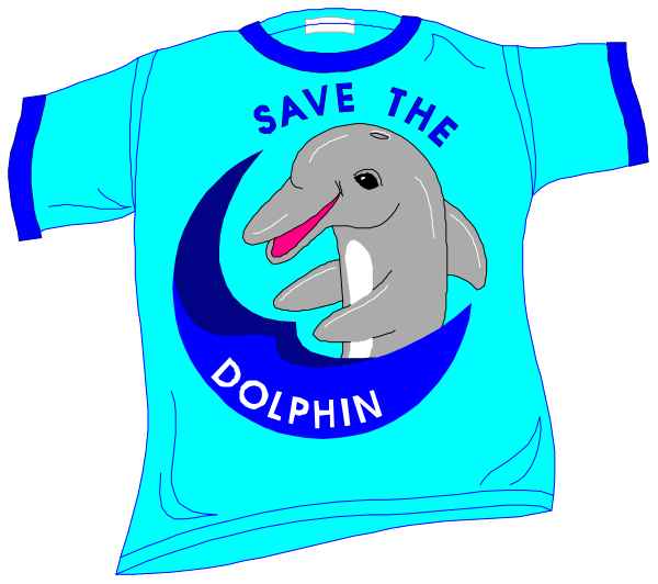 The image shows a t-shirt with an illustration of a dolphin on it, placed against a blue background that resembles water. On top of this graphic is text in white font reading "SAVE THE DOLPHIN."