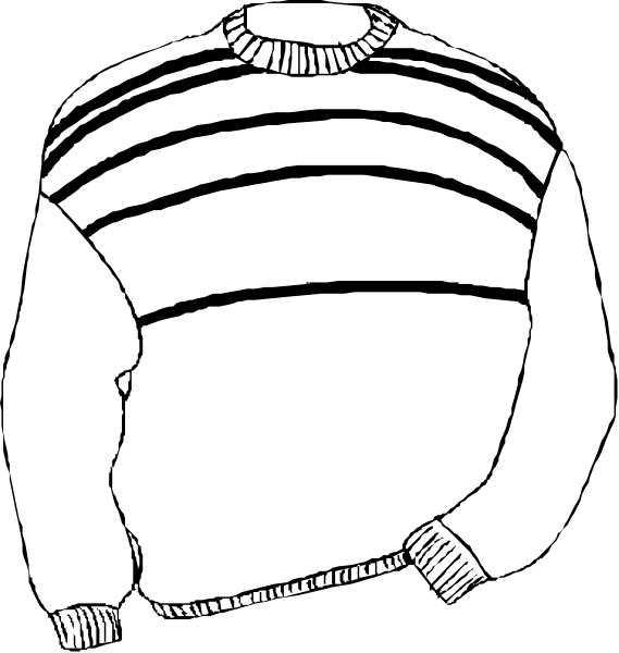 The black and white illustration shows two sweaters with different designs: on top is a striped sweater featuring horizontal lines of varying shades; below it is another design that appears to be more abstract in nature, possibly resembling an animal pattern but without any distinct features or shapes.