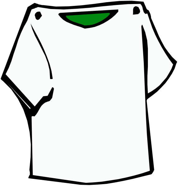 The image shows a white t-shirt with green trim hanging on an invisible hanger against a black background.