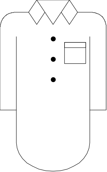 The image shows a black and white illustration of an outfit with buttons on it displayed against a dark background.