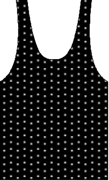 The image shows a pixelated representation of an object with two distinct halves: on the left side is what appears to be black fabric with white dots forming patterns; on the right side is grayish-brown fabric, possibly indicating different materials or textures within each half.