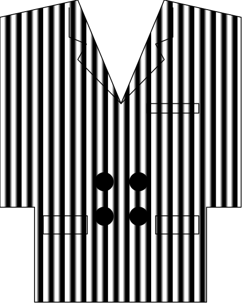 The image shows a black and white pixelated representation of an outfit with vertical stripes resembling pinstriped suit jackets hanging on hangers against what appears to be a gray background.