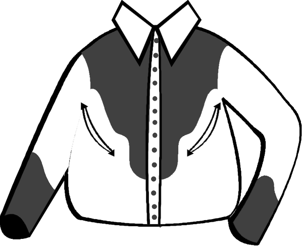 The black and white illustration shows a cowboy shirt with rolled up sleeves on display at what appears to be an exhibition booth in front of which stands a mannequin wearing it.