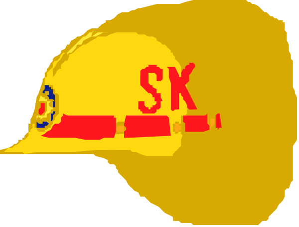 The image shows a yellow hard hat with red lettering on it that says "SK".