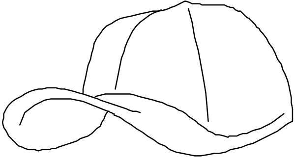 The black and white line drawing shows a baseball cap with an open brim on top of what appears to be a hatbox-like object in profile view against a dark background.