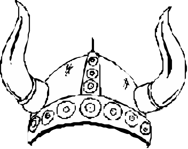 The black and white illustration shows a stylized Viking helmet with two horns on either side of it against an unadorned background.