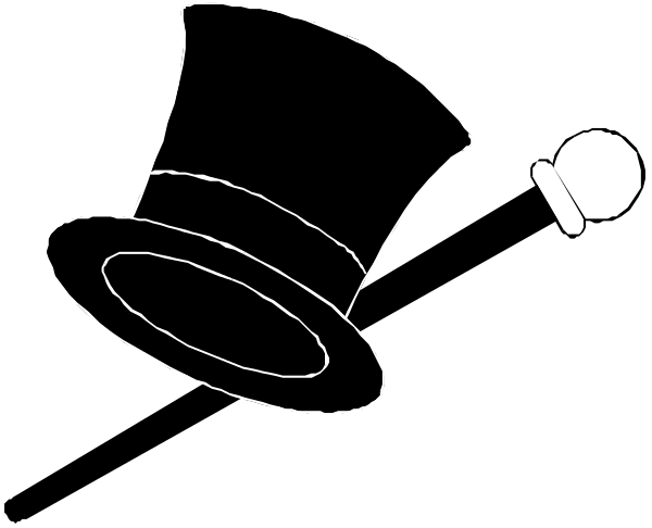 The black and white illustration shows a top hat with an attached cane leaning against it on what appears to be a dark background.