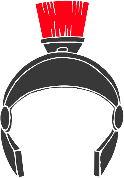 The image shows a black helmet with red spikes on top against a gray background.