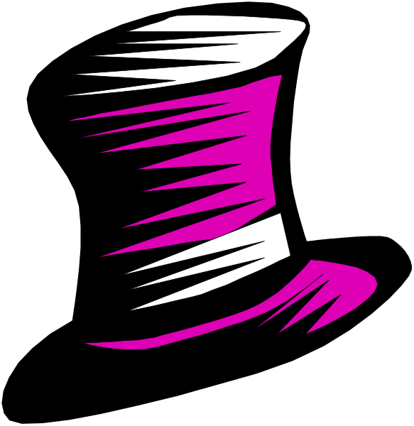 The image shows a stylized top hat with curved brim against a black background on the left side of an illustration that appears to be related to magic tricks due to its design resembling a magician's attire, and there is pink text in the upper right corner which seems out of place.