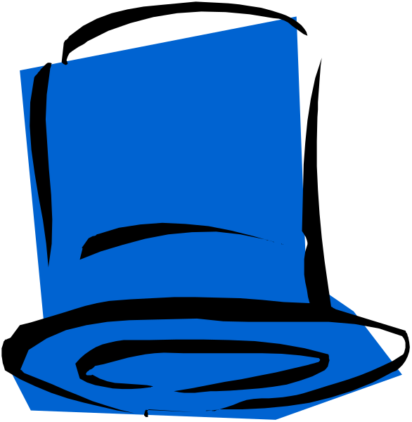 The image shows two blue top hats with a black band around them against different backgrounds: on the left is an upright hat in front of what appears to be a window frame; on the right is another identical hat, but it's upside down and inside out as if being viewed from behind.