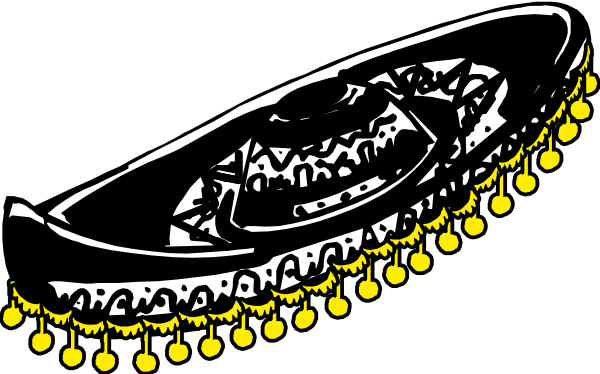 The black and white illustration shows a decorative hat with tassels hanging from it against an indistinct background that appears to be darkened for contrast.