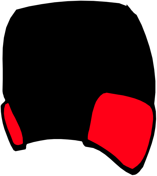 The image shows a black background with red shapes that resemble abstract representations of an object on top left corner and two smaller ones in bottom right corner; it's unclear what these objects represent due to their abstraction, but there is no text present within this small clip-art image.
