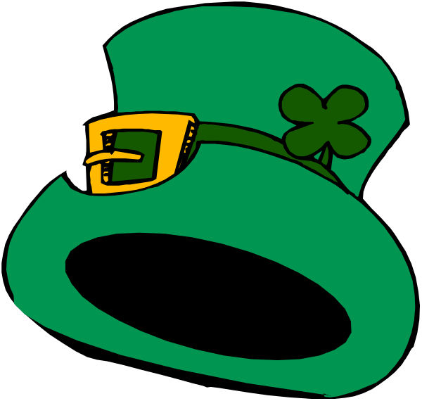 The image shows a stylized representation of St Patrick's Day attire with an Irish hat featuring shamrocks on it next to what appears to be a four-leaf clover symbolizing luck, and there is also text that reads "St Paddy."