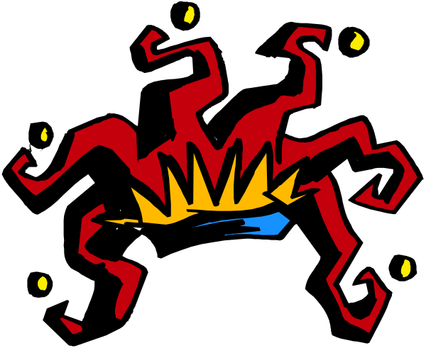 The image shows a stylized graphic of an abstract creature with red lines forming its body against a black background; it has yellow eyes on either side and what appears to be flames emanating from within itself, suggesting movement or energy release.