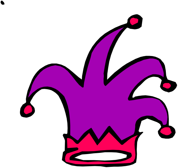 The image shows a cartoon of an exaggerated purple clown with large eyes and red dots for pupils, wearing a crown on its head that has two small horns atop it.