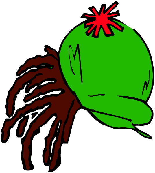 The image shows a green alien with red hair sitting on top of an object that resembles a brown tree stump in front of it.