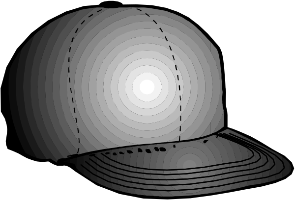 The black and white illustration shows a baseball cap with an emblem on it placed next to what appears to be another hat that has been cut out of paper.