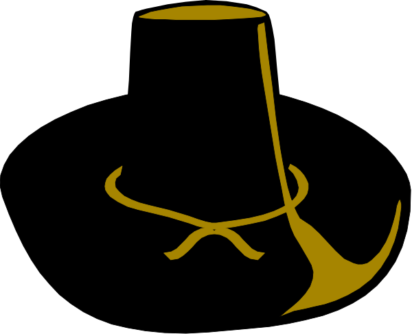 The black and white silhouette of a top hat with an eye glass on it against a dark background.