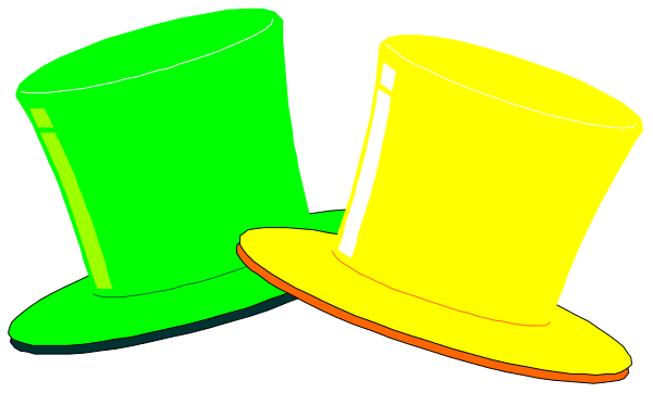 The image shows three colorful top hats placed next to each other on a surface with different patterns: green, yellow, and red.
