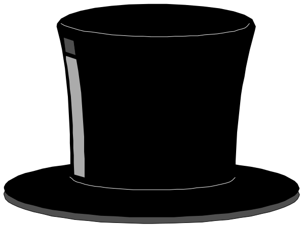 The image shows a black top hat with white trim on it against an indistinct background that appears to be dark gray in color.