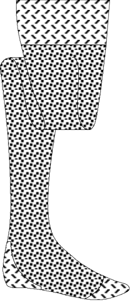The image shows a black and white silhouette of an athlete's leg with shin guards on it against a dark background.