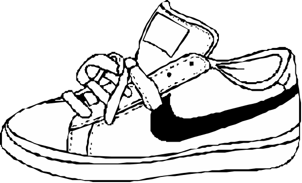 The black and white illustration shows a single shoe with laces tied around it against a dark background.