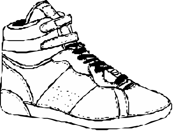 The black and white illustration shows a single shoe on each side of an invisible line dividing them into two halves: one half is shown from above with laces tied in front; the other half displays the bottom view, revealing its sole design.