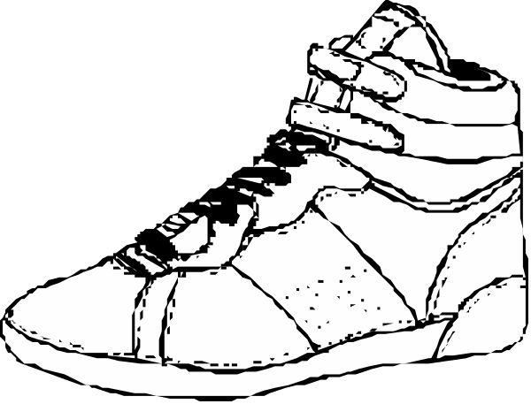 The black and white illustration shows a single high top sneaker with laces tied around it on what appears to be an urban street background.
