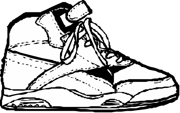 The black and white illustration shows a pair of sneakers with laces tied together against a dark background.