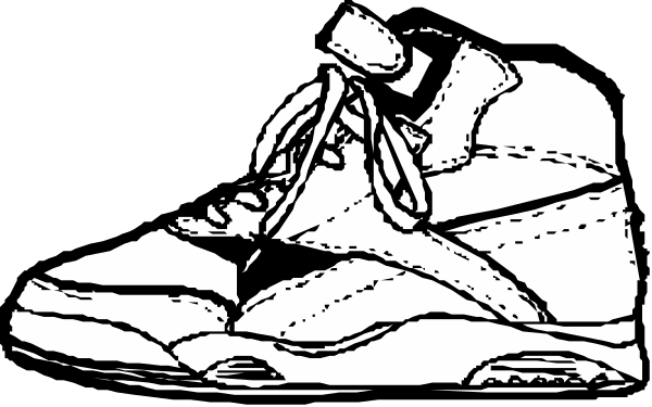 The black and white illustration shows a single sneaker with laces tied together against an indistinct background that does not provide any additional context about its surroundings or other elements present in the image.