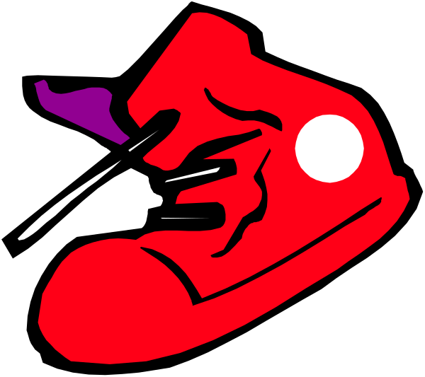The image shows a red shoe with an eye peeking out from behind it on top of what appears to be a black surface in front of which there is no background detail visible.