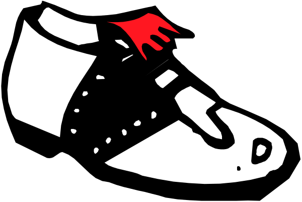 The black and white illustration shows a single shoe with red laces on it against a dark background.